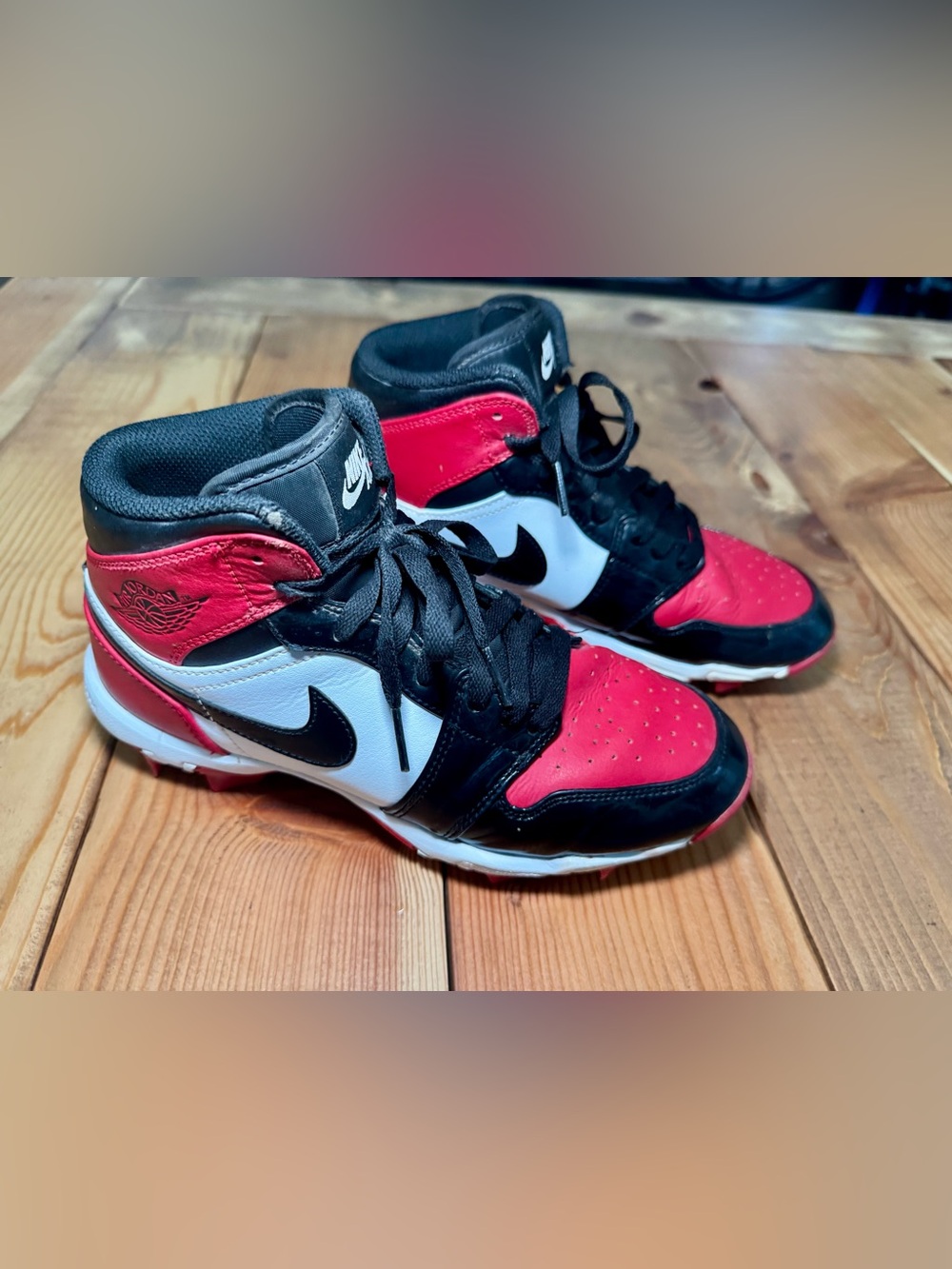 Nike Air Jordan 1 Mid Big Kids’ Cleats. Black, White and Red 6Y